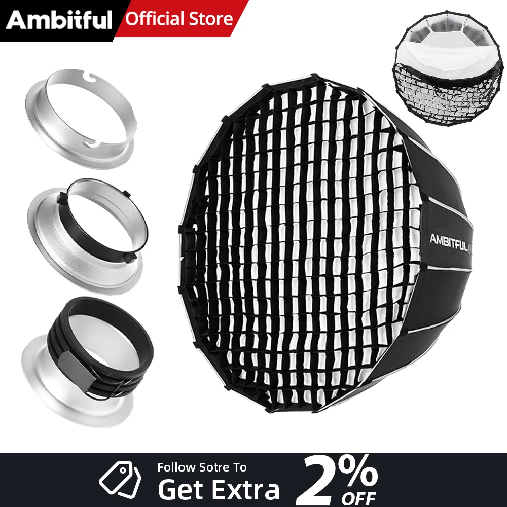 AMBITFUL QD-P90 90CM Boîte à lumière parabolique profonde à dégagement rapide avec grille, monture Bowens/Elinchrom, pour éclairages de studio