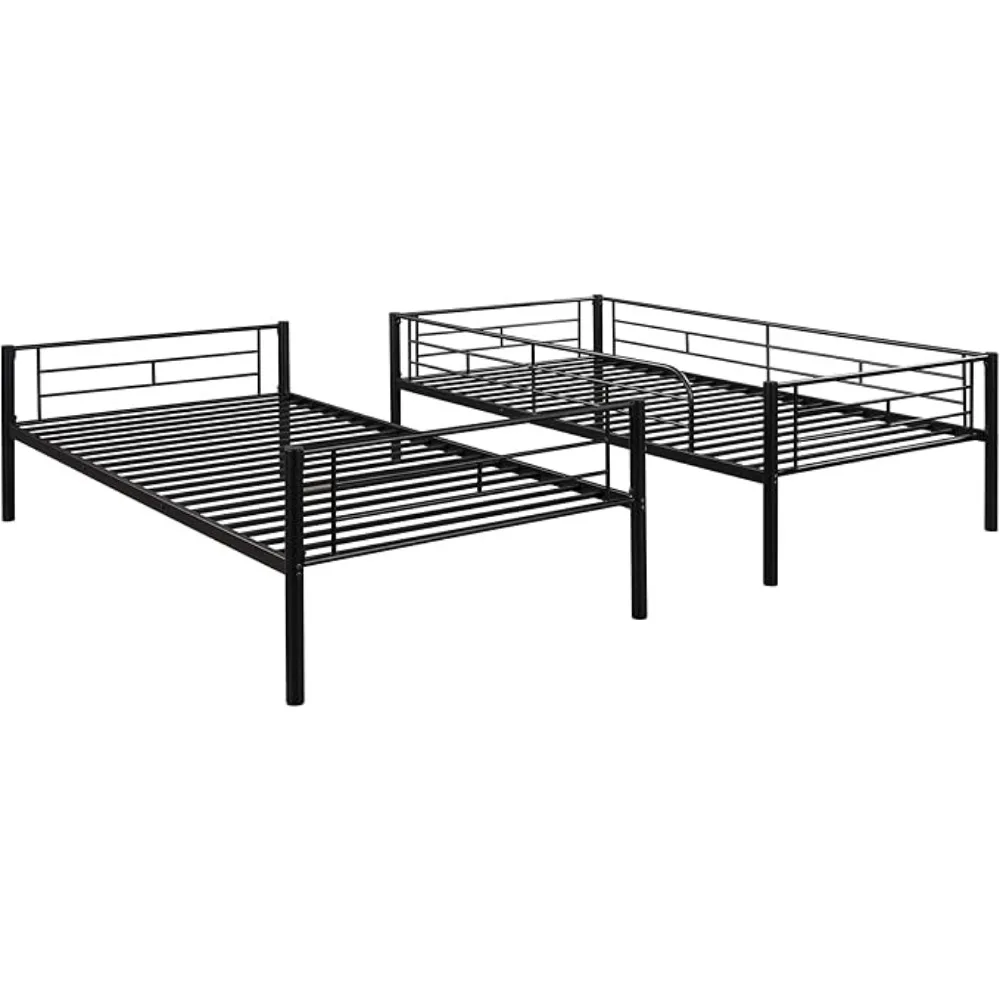 Twin Over Twin Metal Bunk Bed Trundle Frame with 2 Side Ladders Convertible Bunkbed Safety Guard Rails,No Box Spring Needed