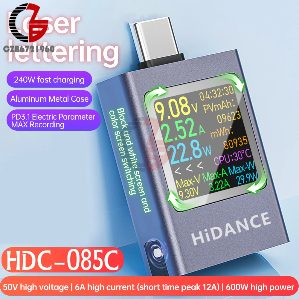 DC 4.5-50V 0-12A Digital Display Voltmeter Ammeter USB Type-C Charging Tester DC Current Voltage Meter Battery Capacity Monitor