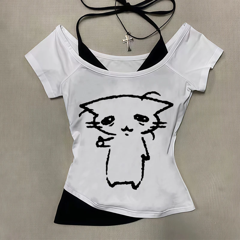 

Summer 2025 new Y2k slim fit printed top for women, off shoulder short sleeved T-shirt, retro long sleeved strap tied T-shirt