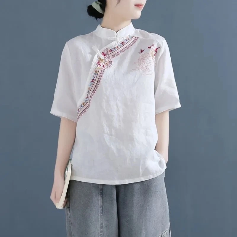 中国風刺繍入りコットンリネン夏用半袖ブラウス-レディース-ルーズ-ボヘミアン-ヴィンテージシャツ