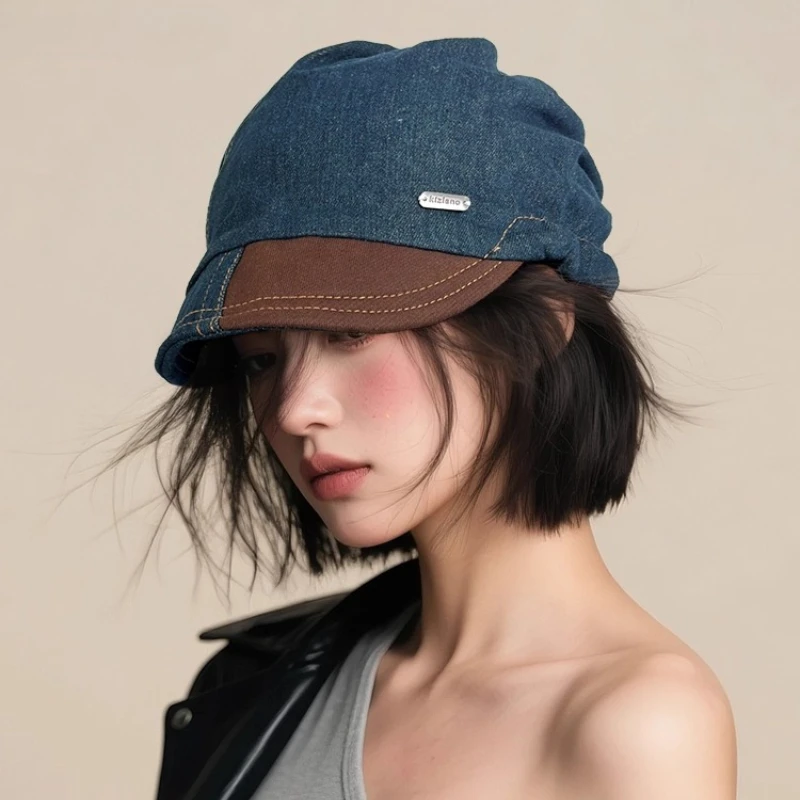 

Designer Personalized Splicing Denim Drawstring Beanies for Women Spring Autumn Casual Versatile Retro Japanese Pullover Hat