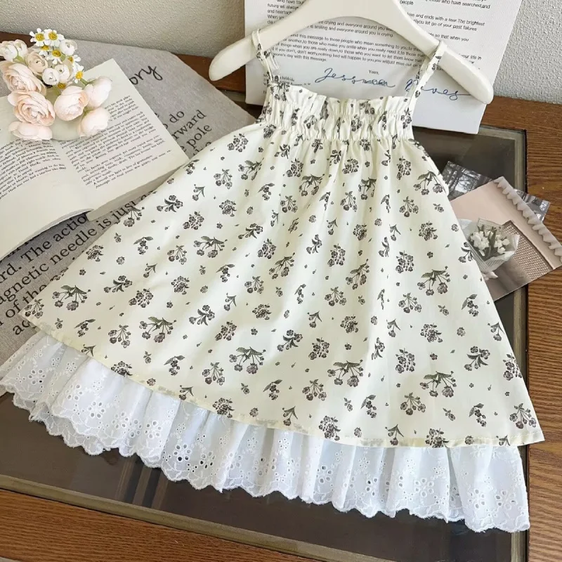 

Girls' Floral Dress2025Summer New Style Strap Dress for Little Girls Lace Patchwork Princess Dress