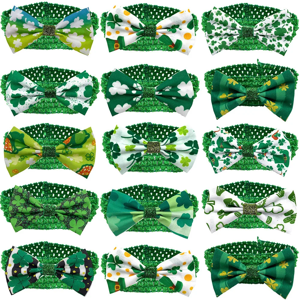 30/50pcs ST Patrick's Day Dog Bowties with Elastic Band Green Clover Pattern Small Middle Large Dog Collar Pet Grooming Product