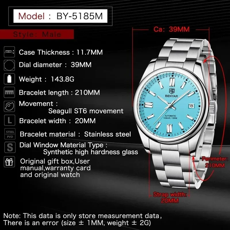 BENYAR 5185 Men's Fully Automatic Mechanical Watch Fashion Calendar Stainless Steel 100M Waterproof Watches for Man