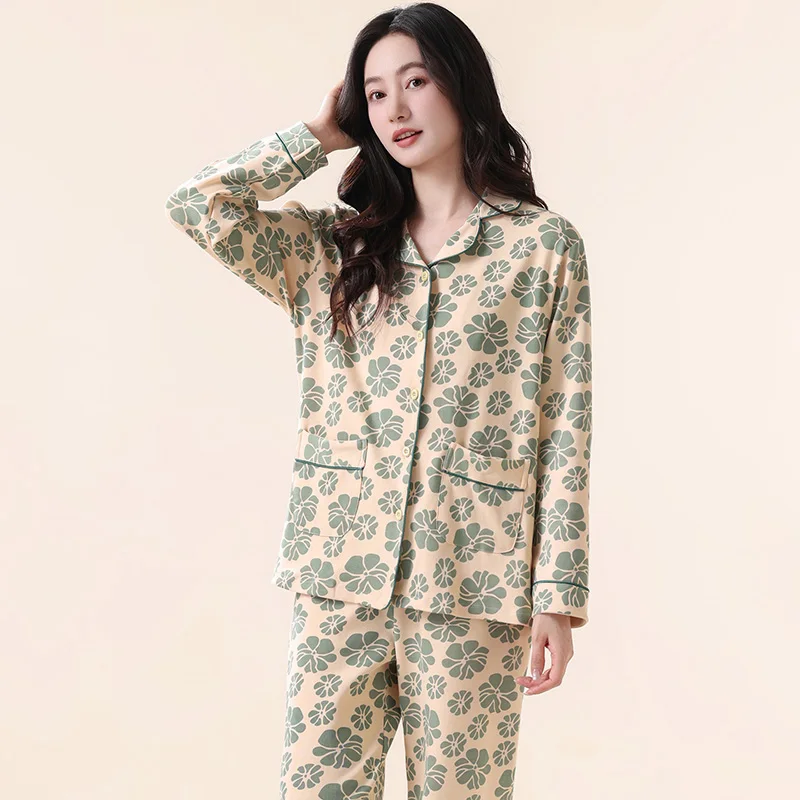 Women Full Pure Cotton Nightwear Suit Spring Autumn Long Sleeve Lapel Pajamas Casual Cardigan Homewear Florals Patterns Pijamas
