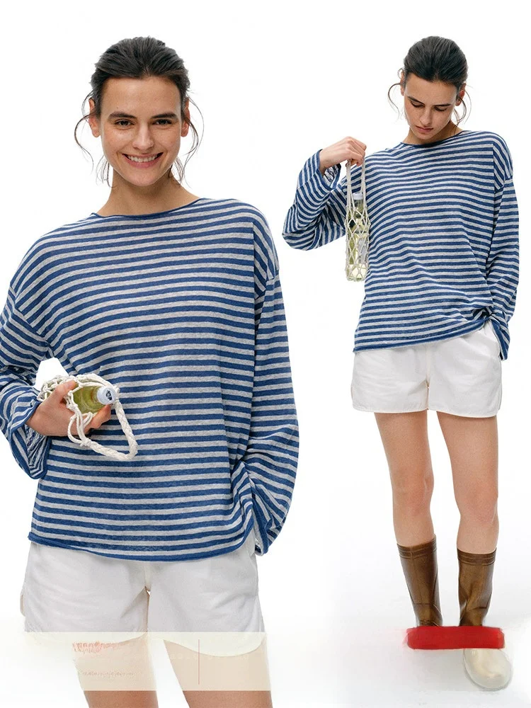 

Женская льняная футболка Who Peach с длинным рукавом, в полоску, с цветовыми блоками, круглым вырезом, свободного кроя, для защиты от солнца, летний стиль