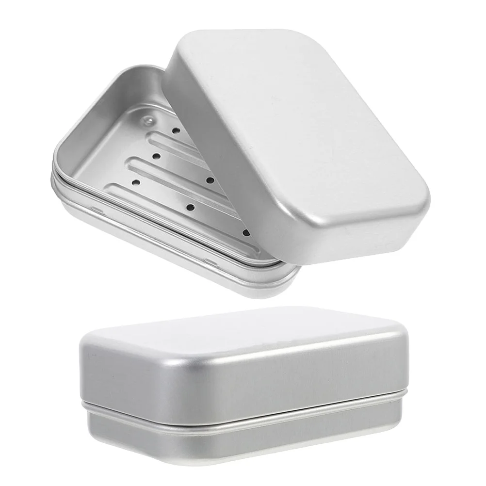 2Pcs Self Draining Soap Dish Aluminum Large Rectangular Dual Layer Soap Box Lid Portable Travel Bathroom Storage Case