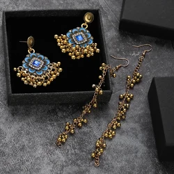 Bohemian Blue Flower Crystal Earrings Women's Gold Plated Vintage Tassel Earrings Connect Hair Accessories Wedding Party Jewelry