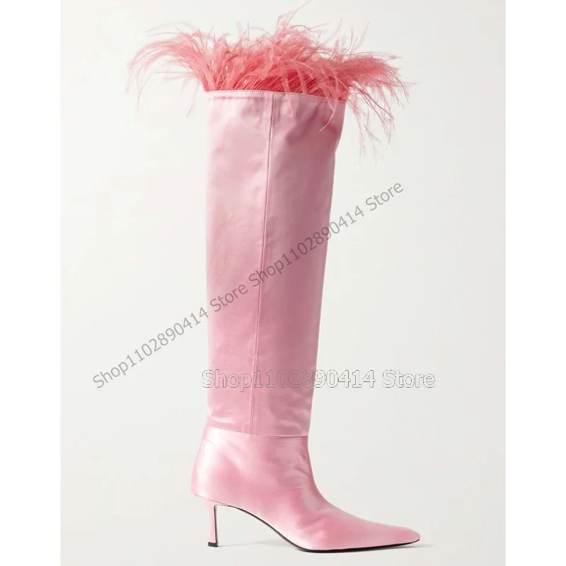 

Pink Feather Decor Silk Pointed Toe Boots Knee High Slip On Women Shoes Thin High Heels Fashion Novel 2023 Zapatos Para Mujere