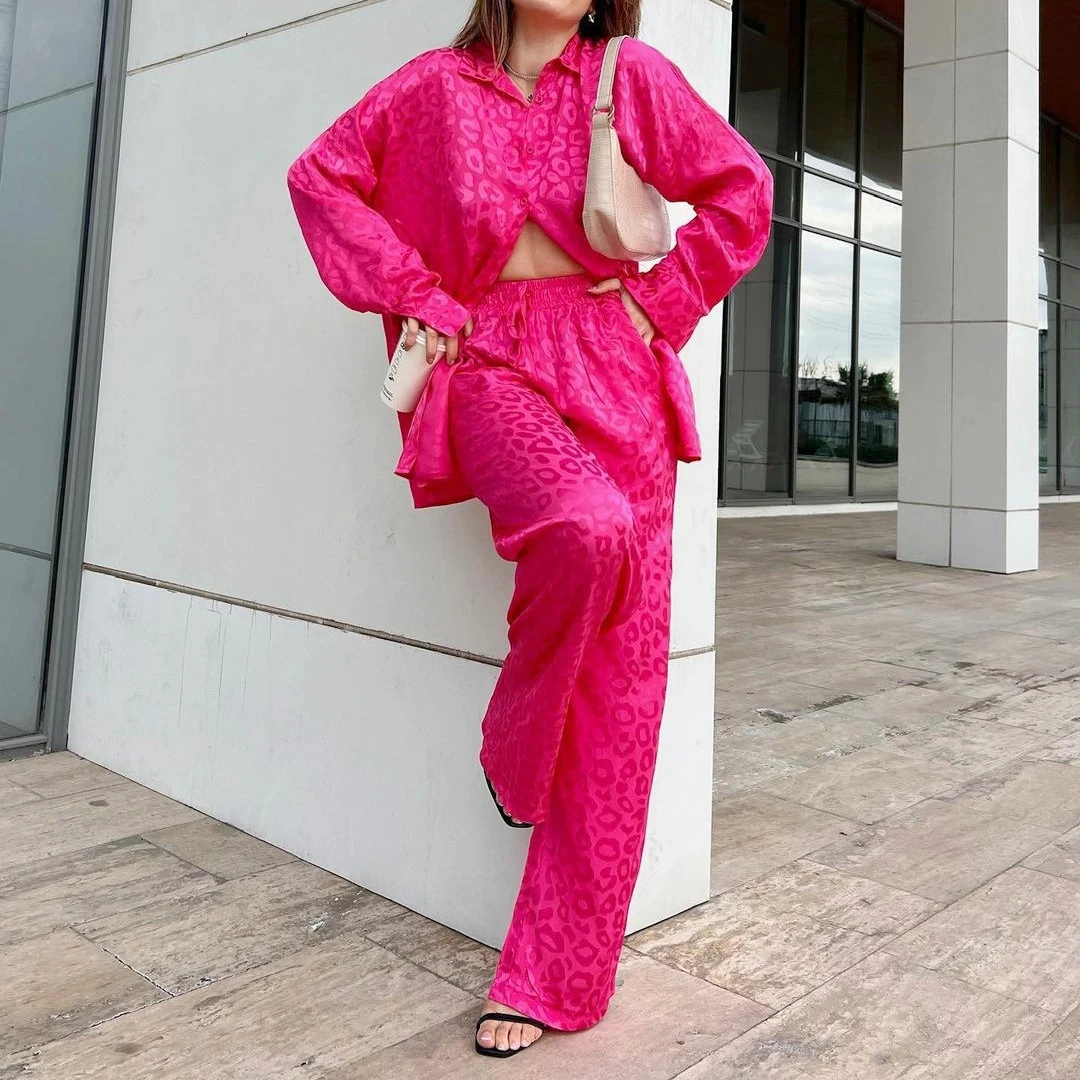 

Pant Sets Women Two Pieces Leopard Long Sleeve Blouses Matching Sets Pockets Casual Ankle Length Wide Leg Pants Y2k Streetwear