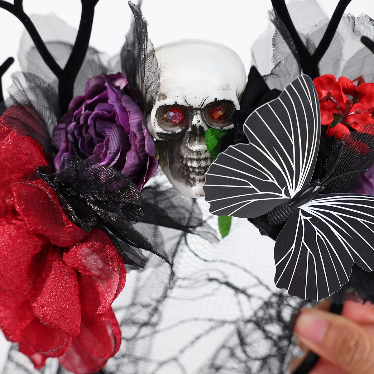 Damen Gothic Geweih-Schädel-Schleier-Stirnband, Schwarzes Spitzen-Rosen-Blumen-Kopfband für Halloween, Vampir-Cosplay, Dunkle Party-Kostüm-Accessoire – Detail 14