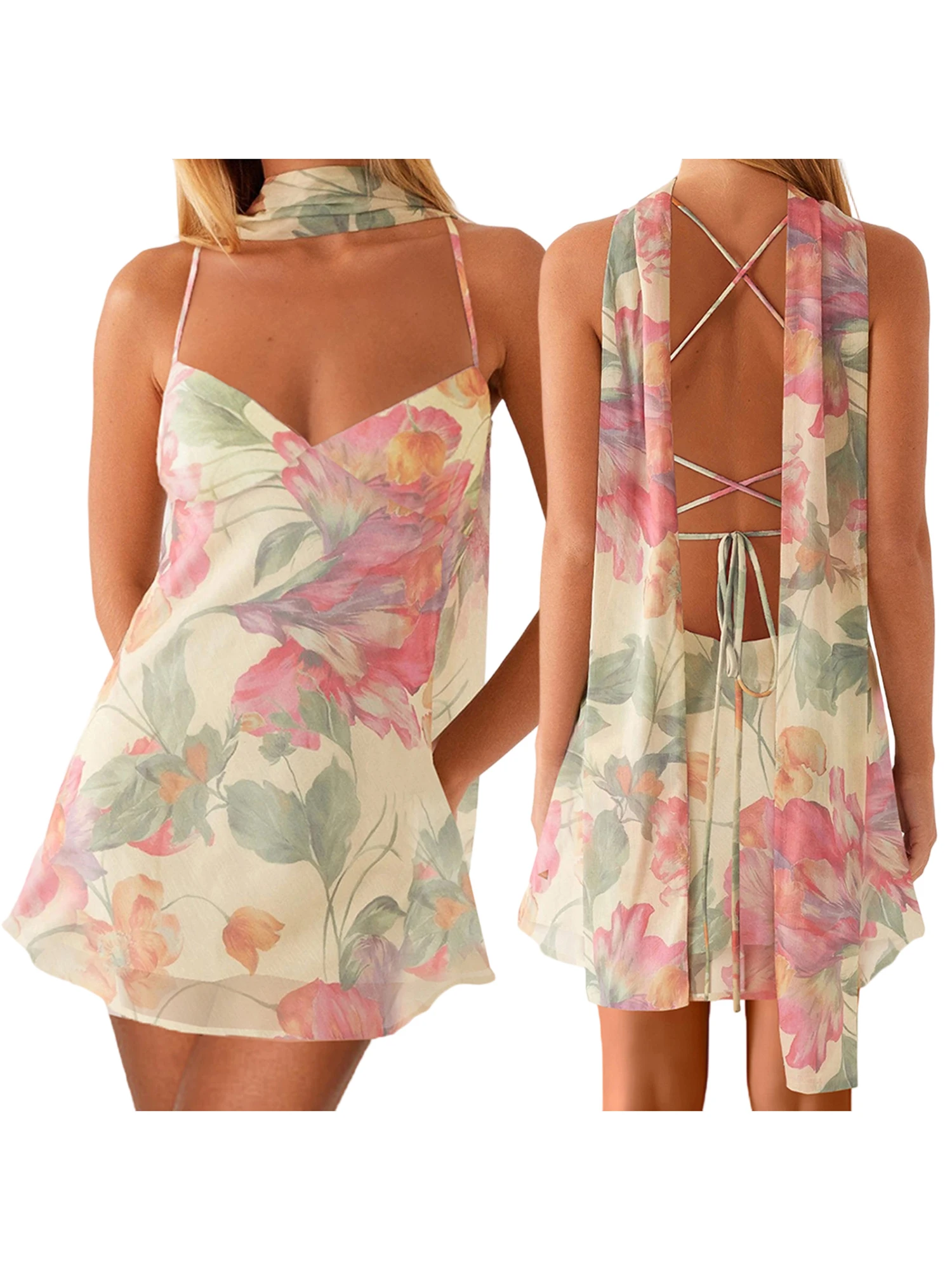 초커 스카프와 등이 없는 디자인의 여성용 민소매 꽃무늬 미니 드레스 - 솔리드 컬러의 여름 캐미 드레스