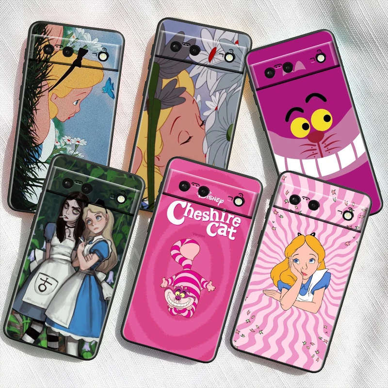 

Disney Alice Wonderland For Google Pixel 9 8 7A 7 6A 6 5A 5 4 4A XL 5G Black Silicon Shockproof Shell Back Phone Case