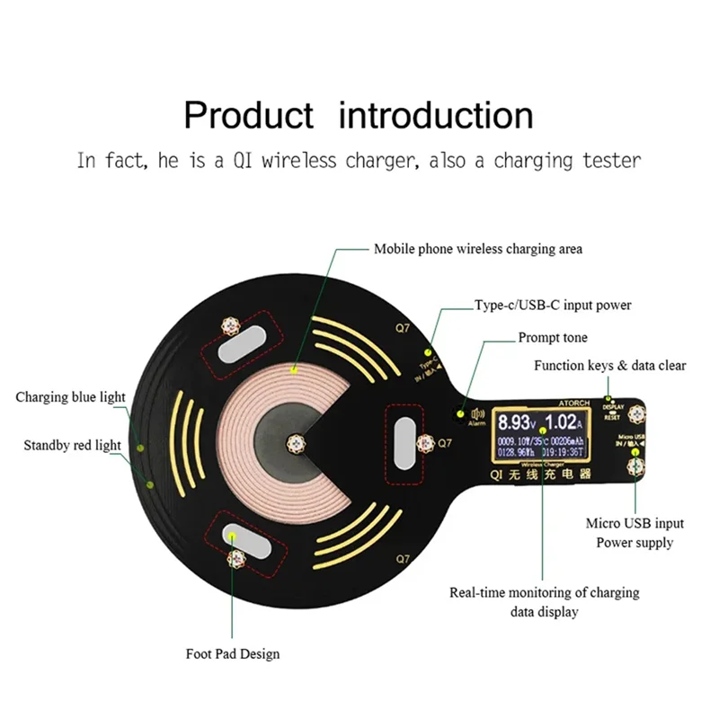 ABVI-Q7 testador de carregador sem fio 10w testador de telefone móvel para iphone usb carregador rápido testador lcd