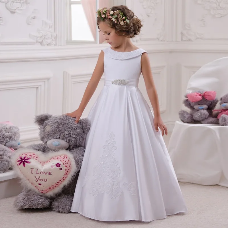 

Baby Kids Princess Satin Lace Crystals Flower Girl Dress Children First Communion Dress Ball Gown Wedding Party Dress Birthday