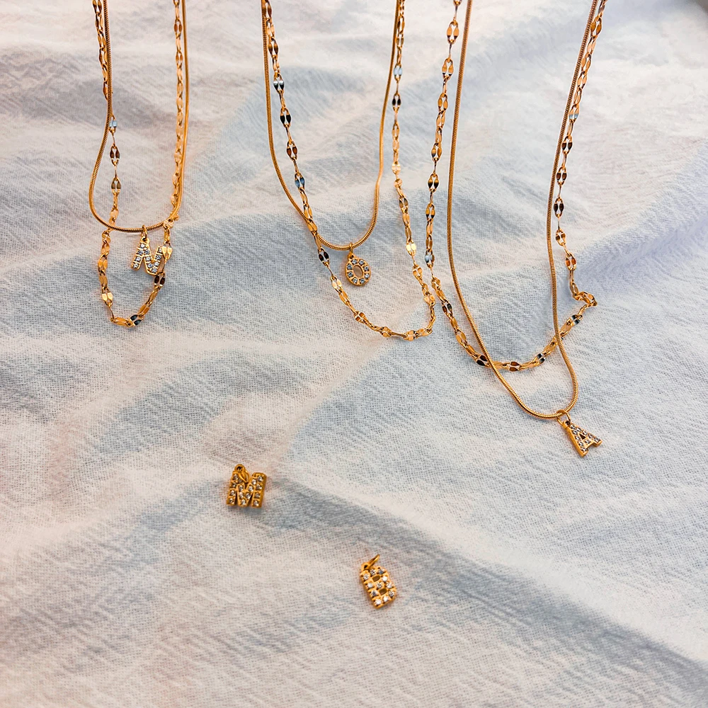 eManco مزدوجة الفولاذ المقاوم للصدأ جولة ثعبان سلسلة قلادة ضوء فاخر زركونيا الأبجدية قلادة A-Z الأزياء والمجوهرات بالجملة #3