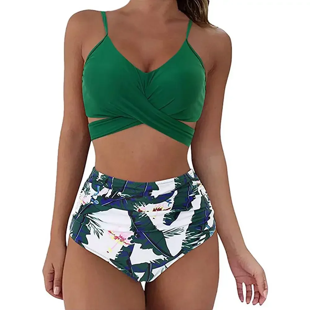 12 Colors Women Slim Bikini Sets High Waisted Sexy Swimwear Two Pieces 2023 Hot Selling Solid/Floral Ruched Swimsuit Cross Front