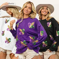 2024 Women Fashion Sequins Party Sweater Mardi Gras University Sweatshirts Tops Funny Party Academy Fall Pullover Sweatshirt