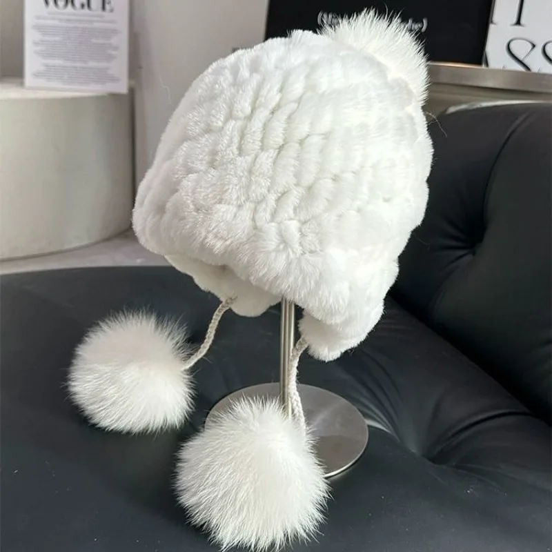 

Genuine Rex Rabbit Fur Hat for Women Fall Russian Fur Cap With Natural Fox Fur Ball winter Warm Head Wear Elastic Knitted Hats