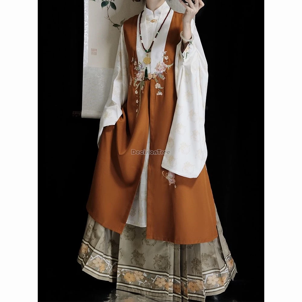 

2025 chinese improved modern daily traditional ming dynasty hanfu embroidered stand-up collar big sleeve shirt pleated skirt set