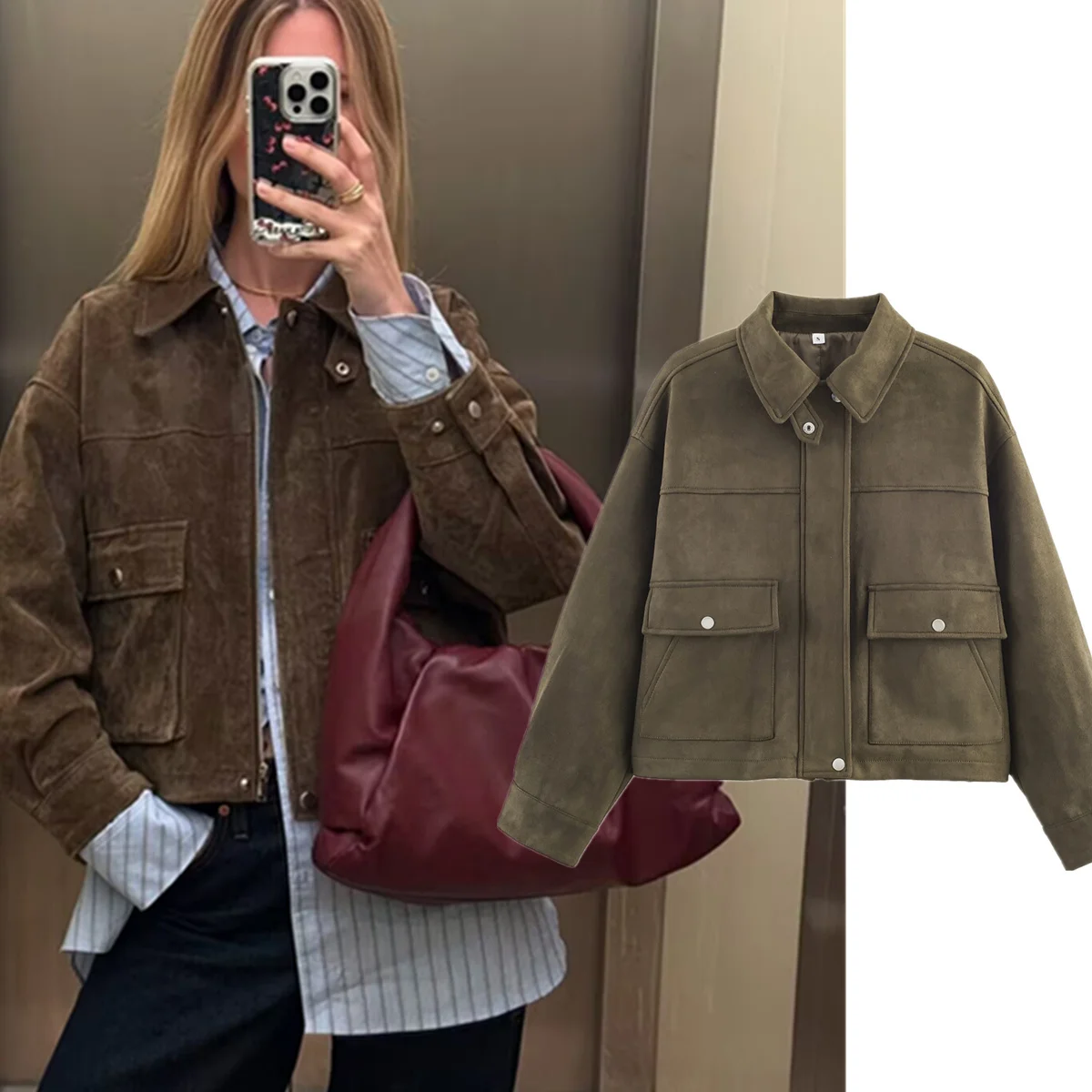 

Jenny & Dave, новая женская замшевая куртка-бомбер, женская куртка, женская одежда, 2026, минималистичная коричневая летная куртка с карманами для женщин, топ