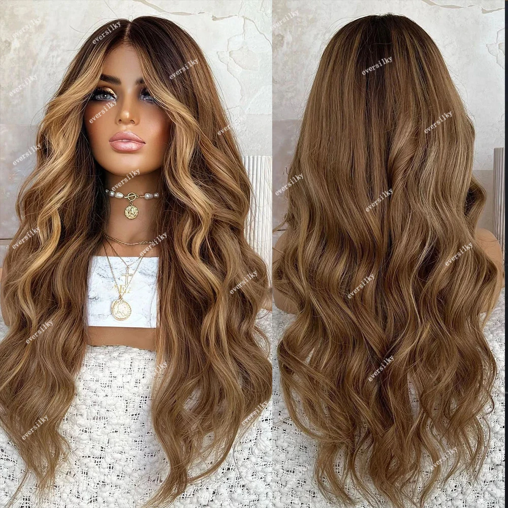 Ombre Brown Full Lace Wig Human Hair PrePluck Highlight Honey Blonde Wavy 13x6 HD Transparent Lace 360 Front Wig with Baby Hair