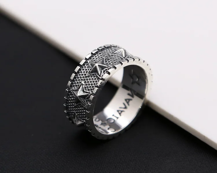 Manufacturer wholesale punk S925 pure silver pentagram ring men's wide version military stripe ring Korean version Thai silver r