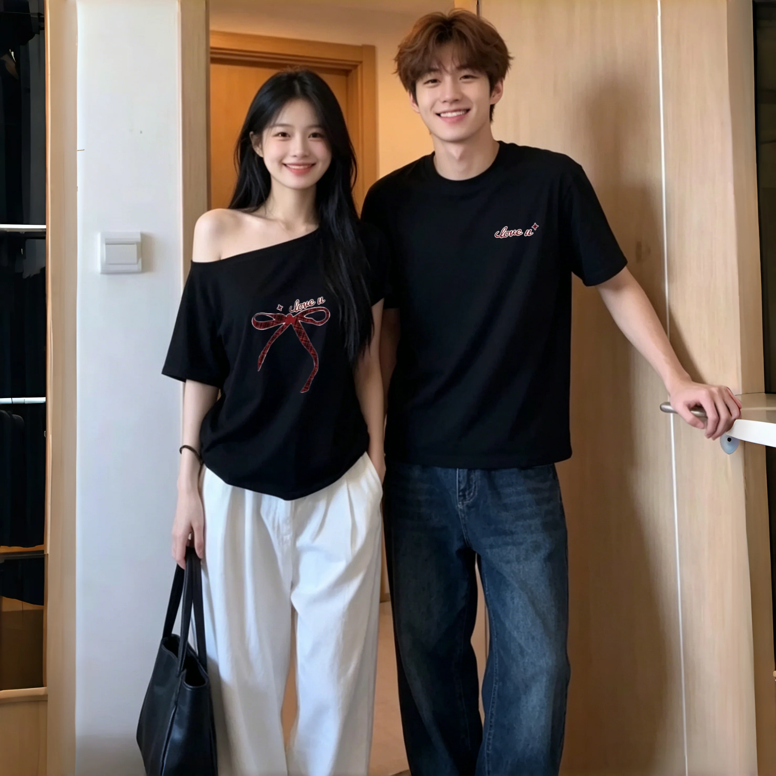 Trendy  Knot Shoulder Bared Cotton Short Sleeve T Shirt Couple Matching Loose Fit Summer Casual Top for Men And Women