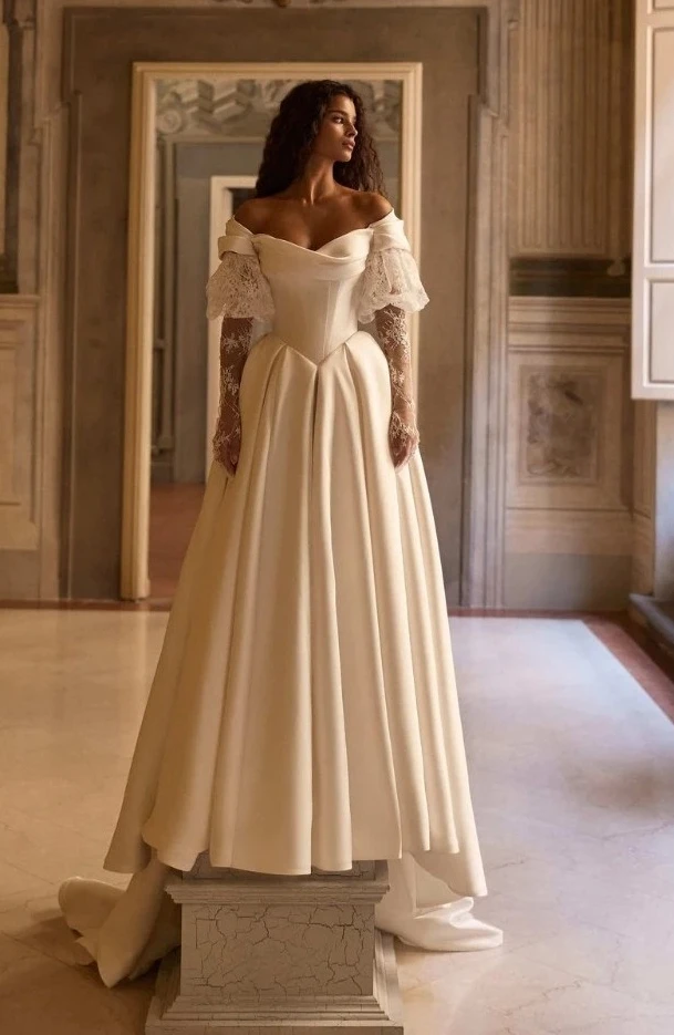 Customized Off Shoulder Satin Ball Wedding Dress Detachable Lace Long Sleeves Corset Back Elegant Princess Train Bridal Gown