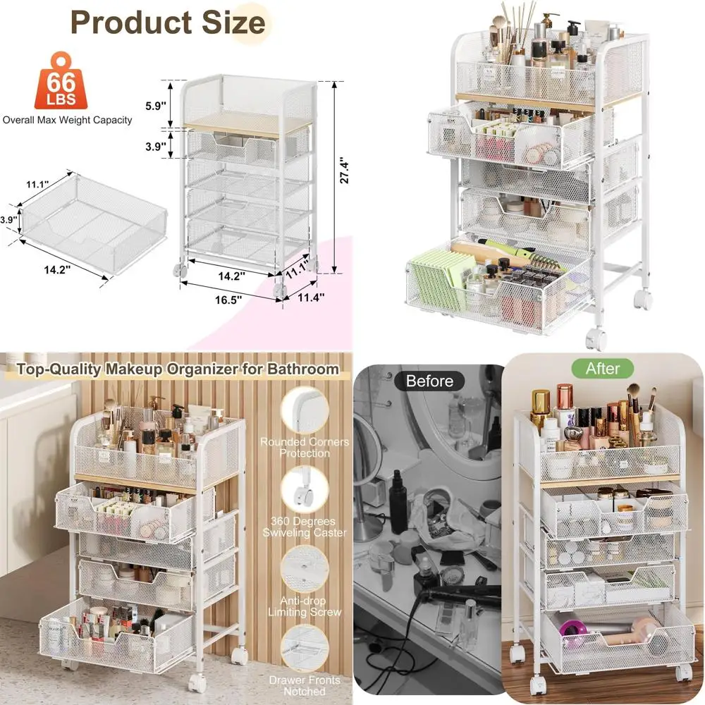 

4-Drawer Makeup Cart Organizer, Large Vanity Storage for Skincare & Cosmetics, White (Patent Pending)