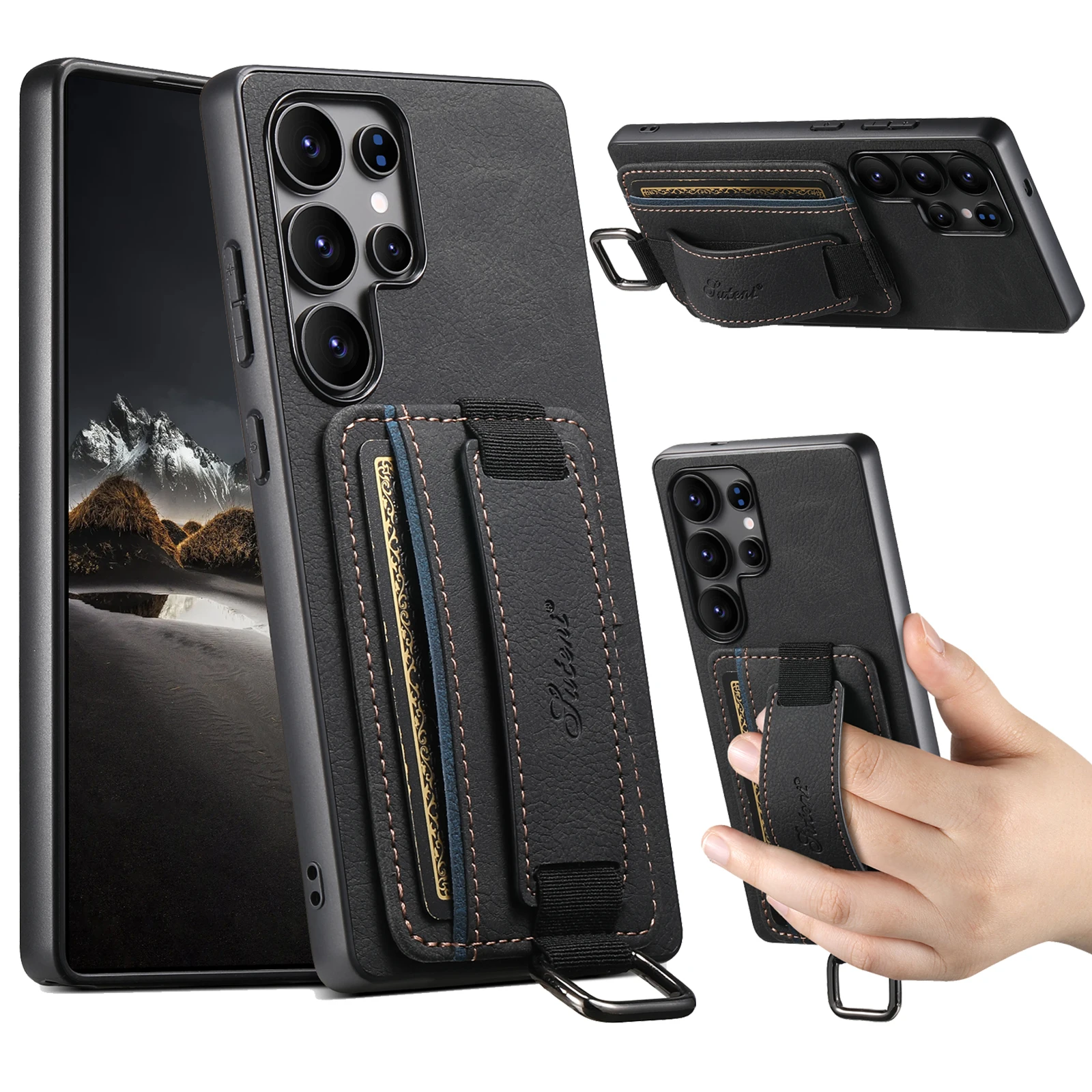 SUTENI Kunstleder Handyhülle Handschlaufe Ring Schnalle Kartenhalter Ständer für Samsung S26Ultra S25Plus S24 S23 S22 Note20