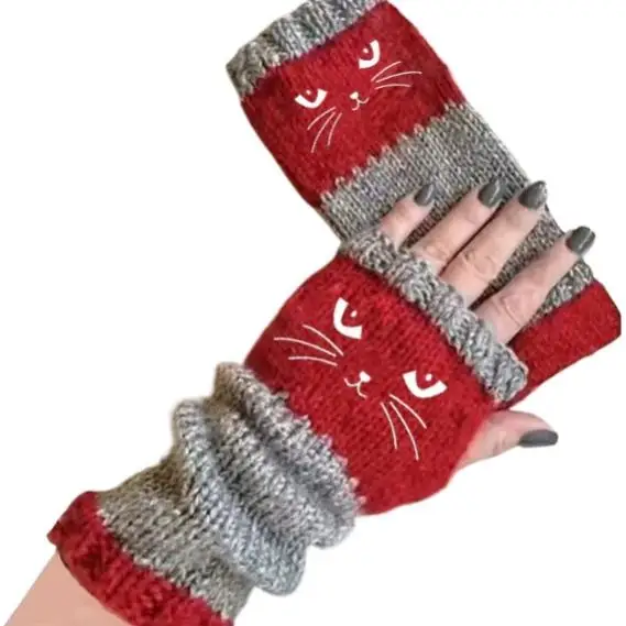 Autumn-Winter New Cat Embroidery Color-Collision Retro Warm Fashion Open-Finger Gloves Thickened Women's Leisure Gloves