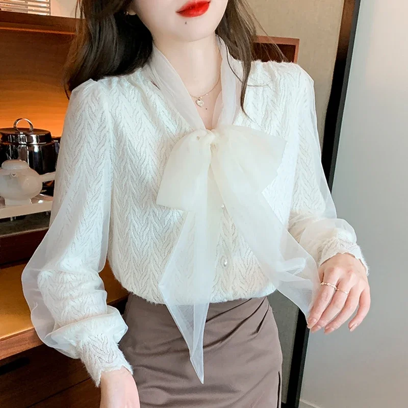 Autumn Winter Long Sleeve Blouses Women 2024 Korean Fashion Clothing Streetwear Blusas Mujer Elegant Bow Neck Lace Tops Shirts