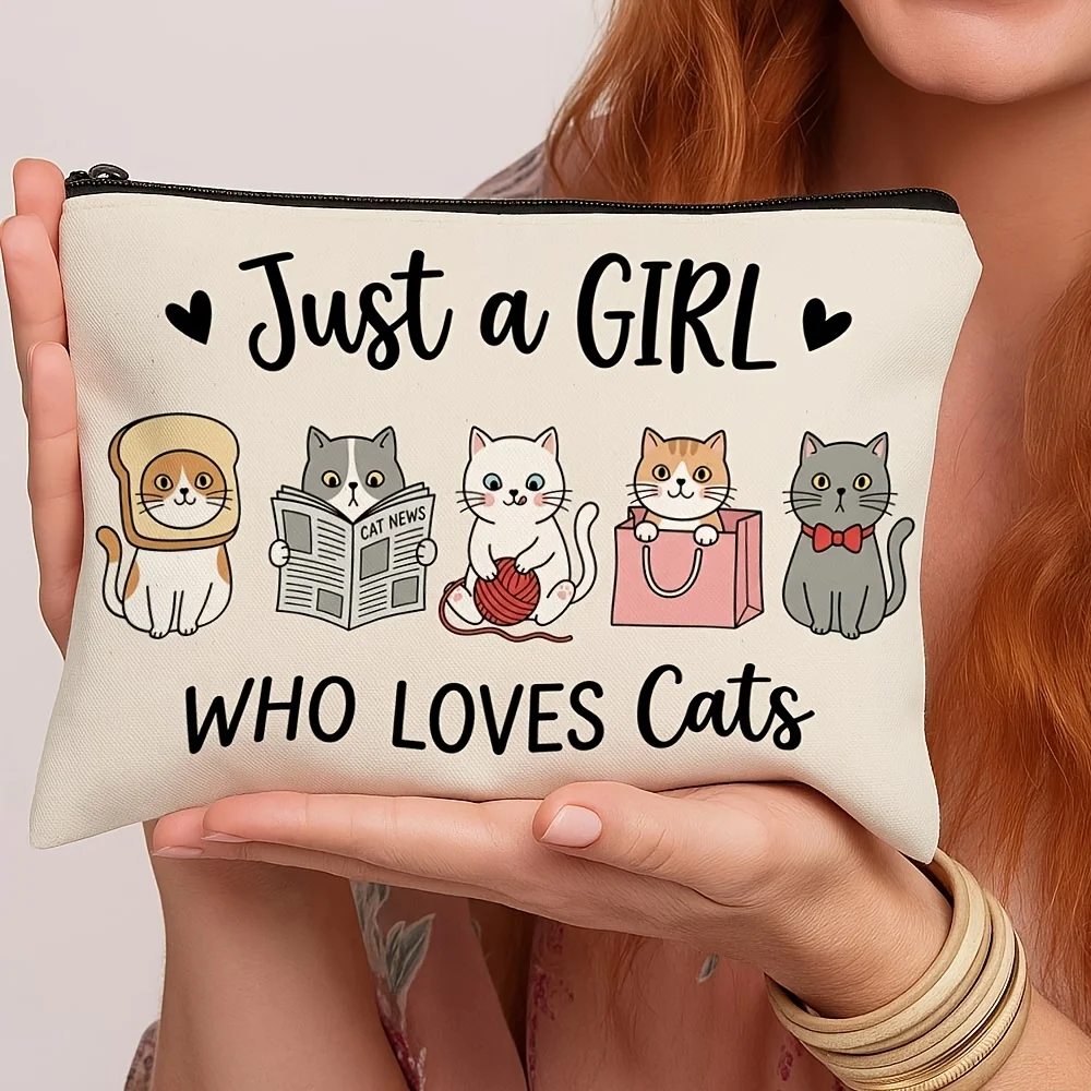 Just A Girl Who Loves Cats Print Pencil Case Cartoon Cat Pattern Zipper Cosmetic Pouch Portable Storage Bag Gift For Cat Lovers