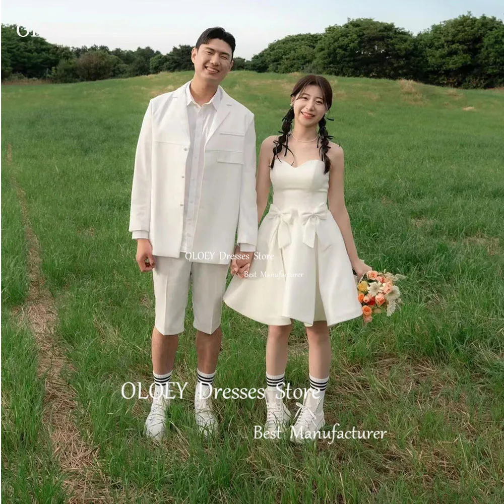 OLOEY Simple Short Mini Wedding Party Dresses Photo shoot Sleeveless Satin Knee-Length Bridal Gowns Garden Country Bride