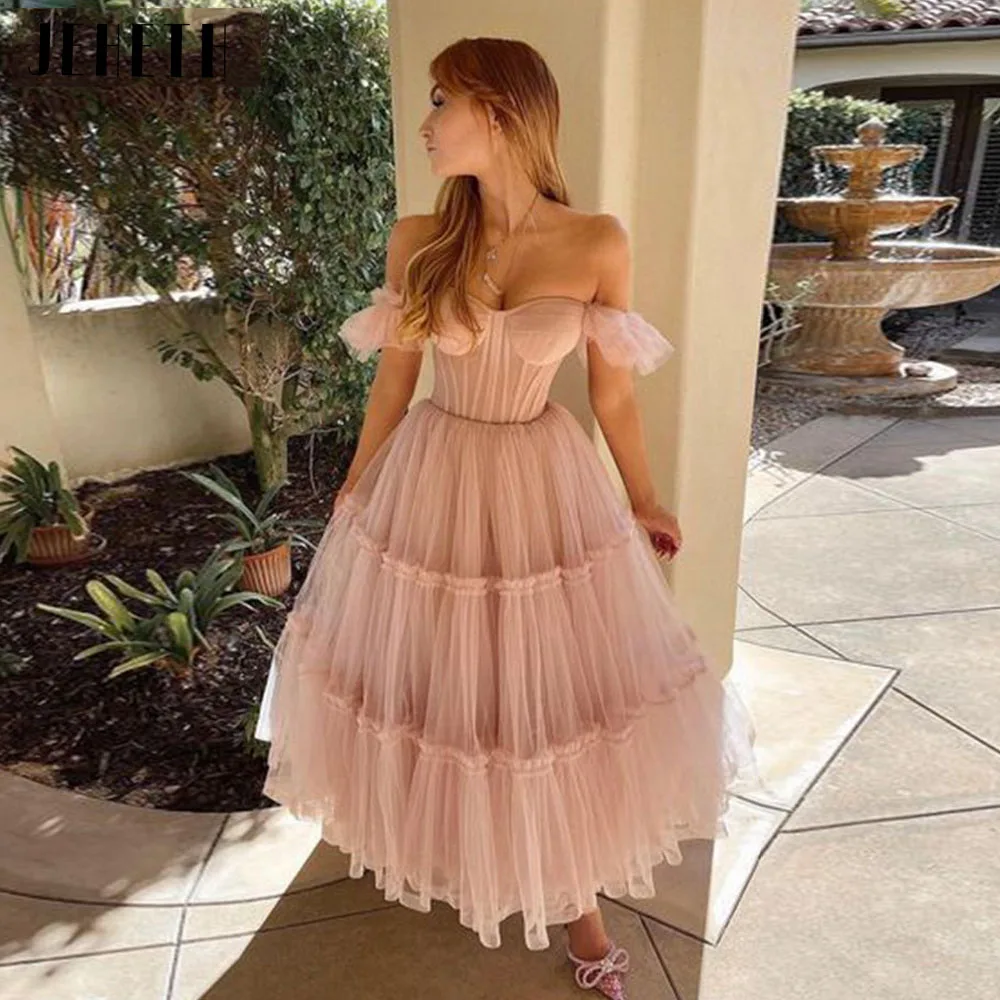 JEHETH Pink Evening Dresses Sweetheart Off The Shoulder Pastrol Prom Dress Tulle A-Line Tea-Length vestidos de graduación Party