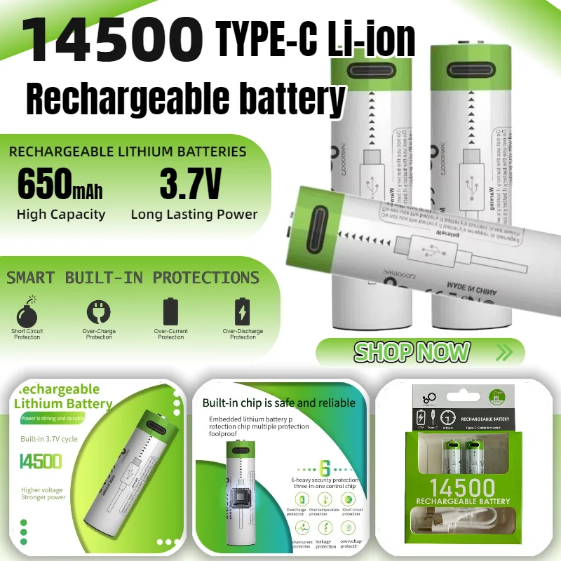 

14500 Rechargeable Battery Type-c USB 700mAh 3.7V AA Large Capacity for Flashlight Electric Scooter Power Bank