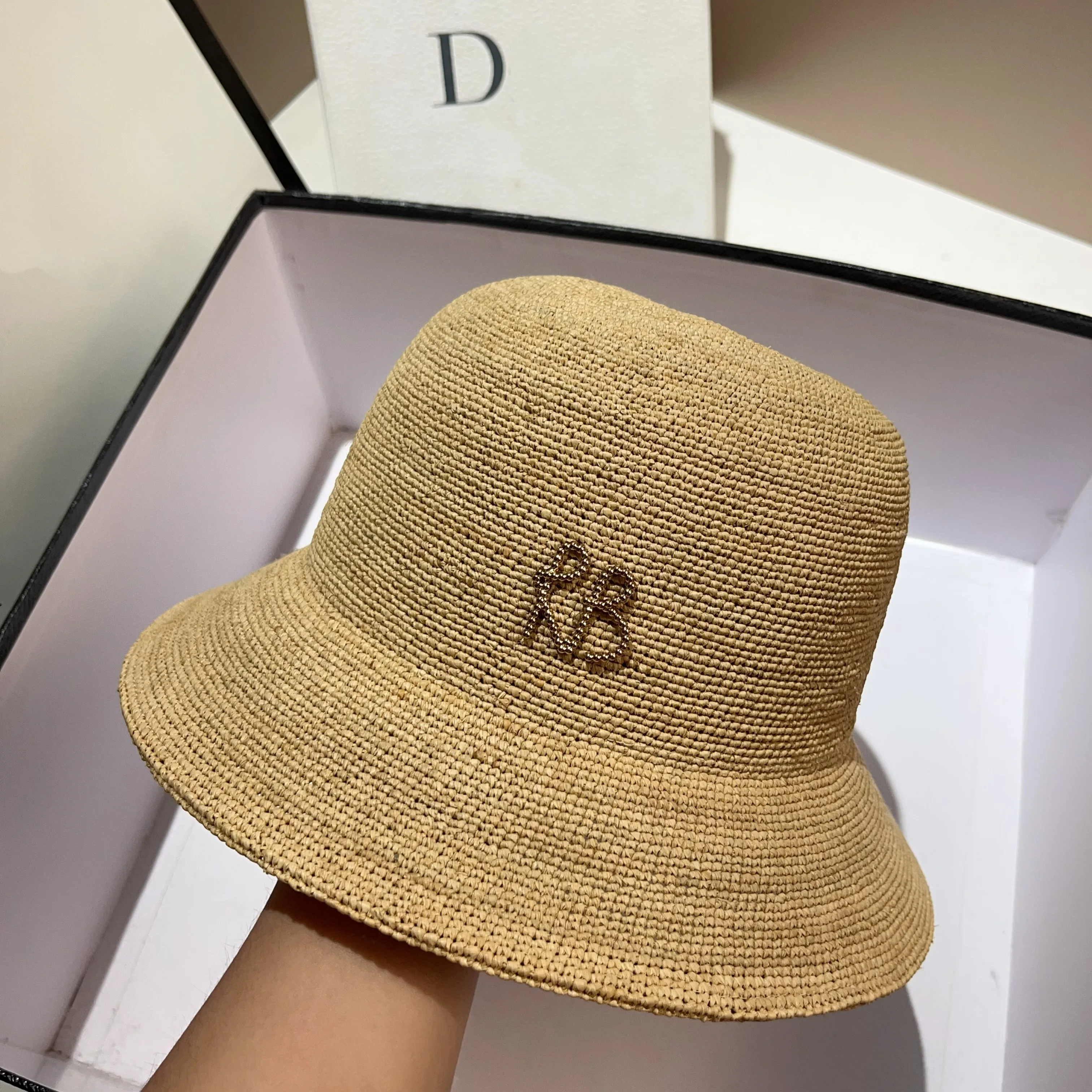 RB Summer New Lafite Grass Hook Needle Bowl Hat Fashionable Natural Grass Outdoor Sunshade and Sunscreen Straw Hat for Women