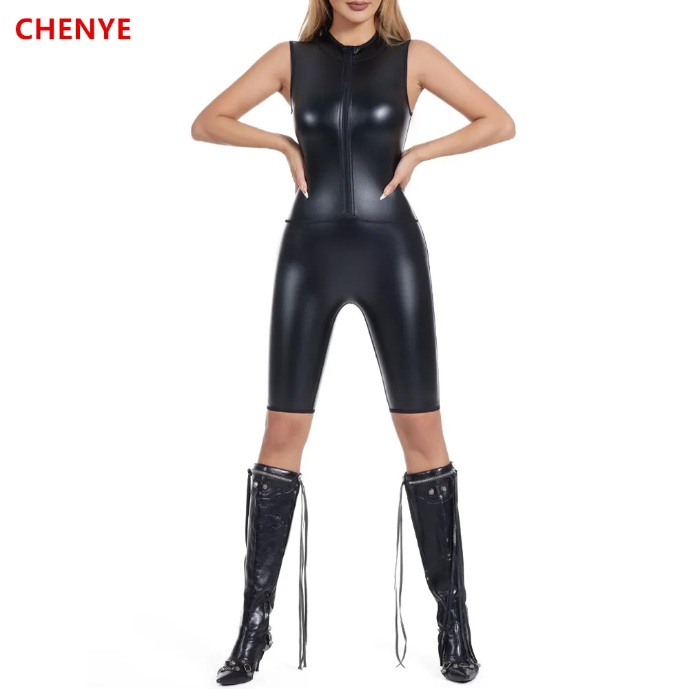 Faux Leather Shapewear Short Romper Jumpsuit Leotard Tank Tops Women Body Shaper Metallic Zip Front Stretch BlouseLady Bodysuits