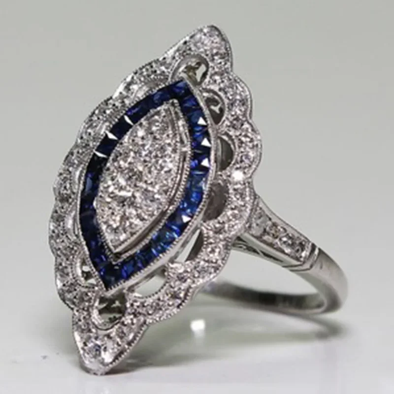Milangirl Blue Rings for Women Wedding Engagement Ring Silver Color Rhinestone Zirconia Crystal Ring Bague Femme Luxury Jewelry