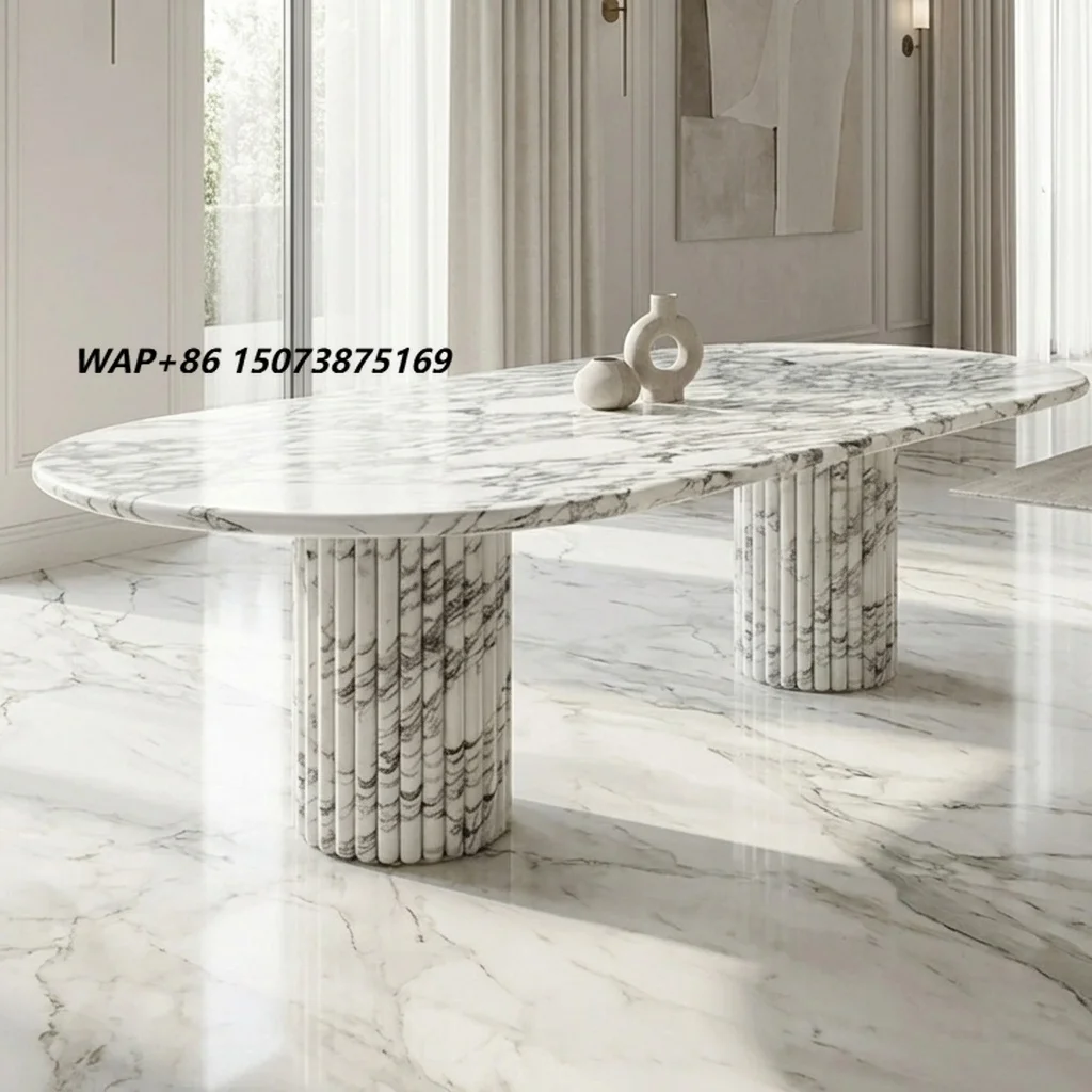 YDSTONE Arabescato White Marble Table Luxury Oval Natural Stone Top with Dual Ribbed Pedestal Base Modern Style Marble Furniture