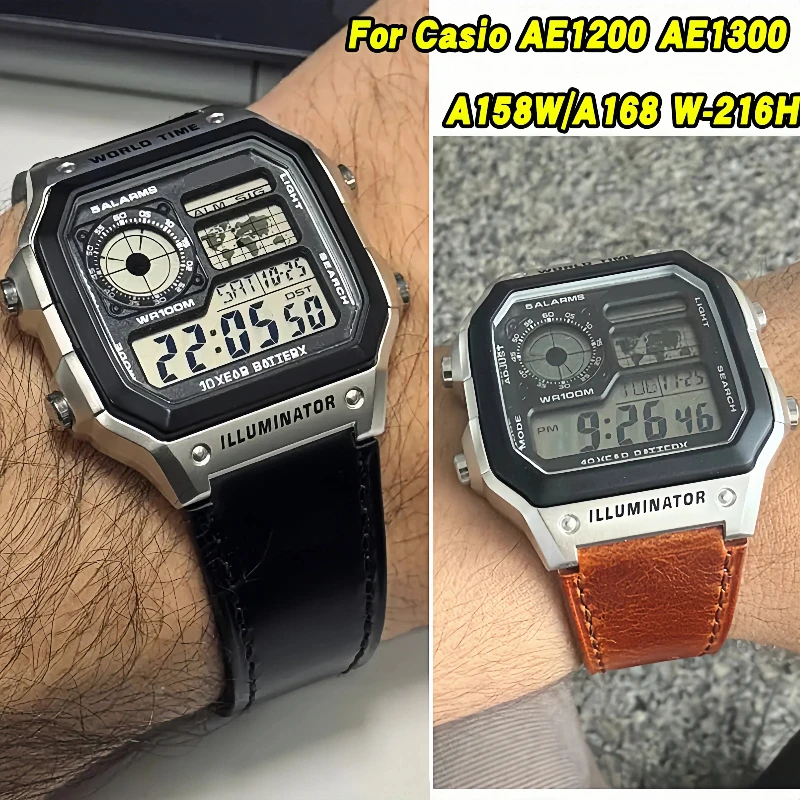 Correa de reloj de cuero genuino para Casio A158 A168 A159 A169 F91W AE-1200WHD/ae1300, hebilla plegable, correa de reloj azul y roja para hombre