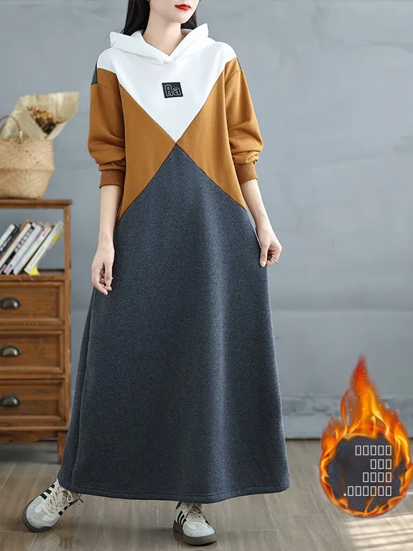 Ciepła bluza damska z długim kapturem, patchworkowa, w różnych kolorach, idealna na jesień i zimę, plus size, wygodna, oddychająca, codzienna.