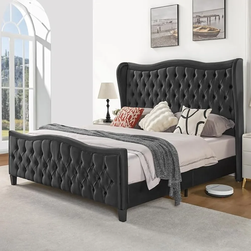 Bed Frame, Velvet Wingback Upholstered Beds with Deep Button Tufted Headboard & Footboard, Bed Frame