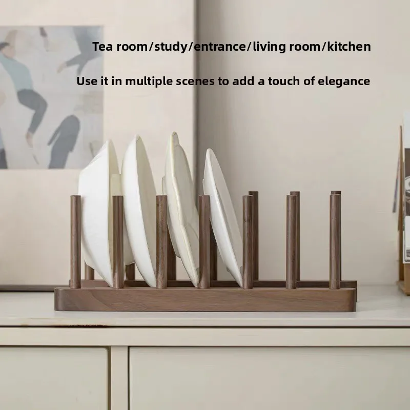 

Compact Home Dish Drying Rack Black Walnut Plate Holder Space Saving Kitchen Organizer for Cups Minimalist Wood Dish Stands