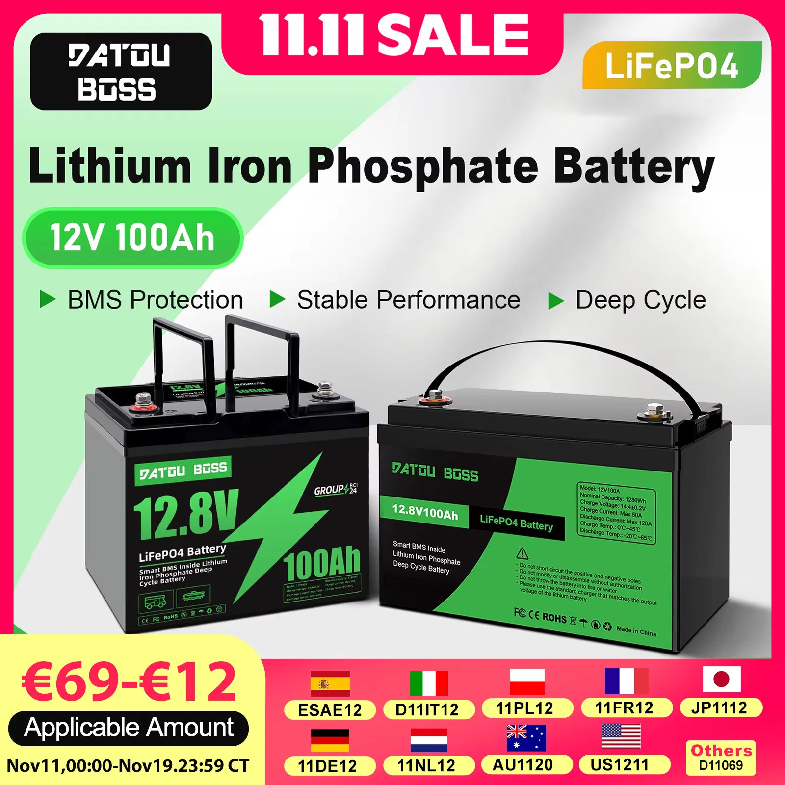 

DATOUBOSS LiFePO4 Battery Pack 12V100Ah Rechargeable Lithium Battery BMS Solar Home Energy Storage Outdoor Travel Fast shipping