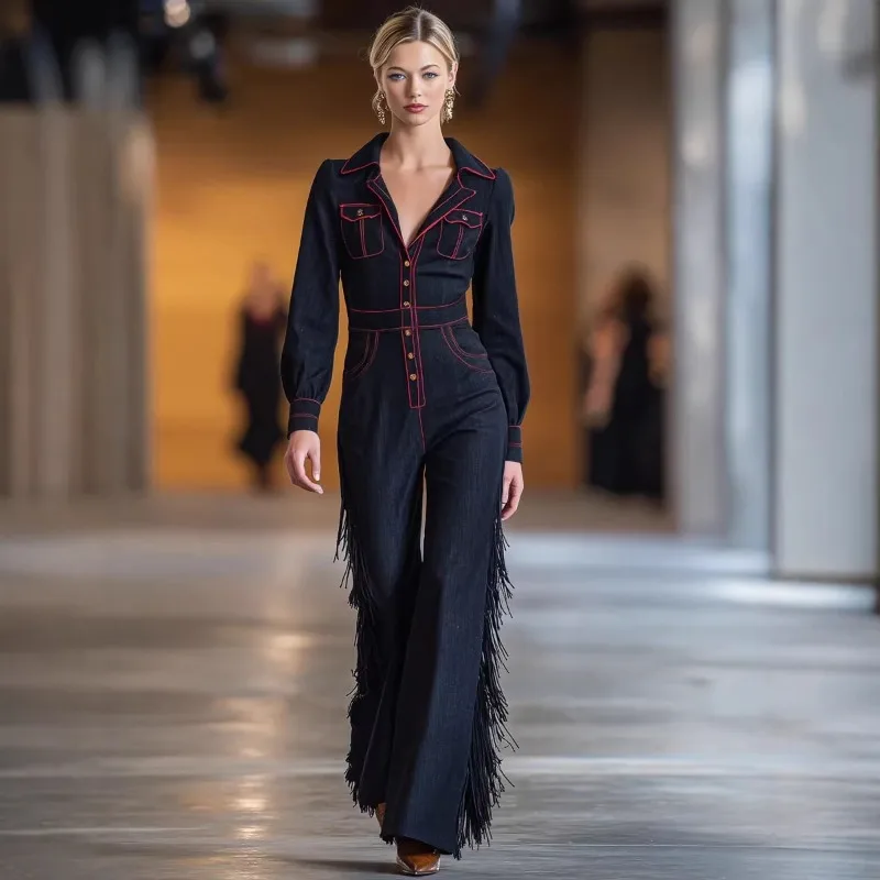 

Винтажный джинсовый комбинезон с бахромой, на пуговицах, с глубоким V-образным вырезом, облегающий, с расклешенными штанинами, для вечеринок и повседневной носки, в западном стиле, черный