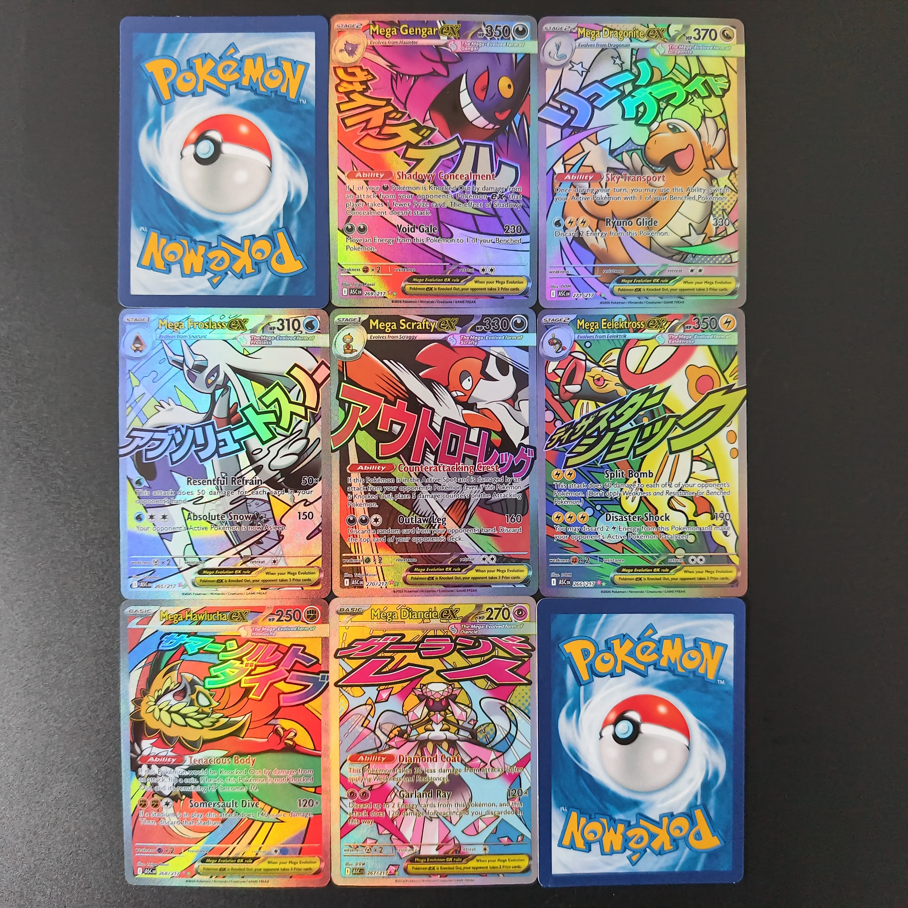 Proxy/TCG Pokemon ASC Full Art Holo Textured Cards Mega Gengar EX Dragonite Froslass Scrafty Electross Hawlucha Diancie ex Cards