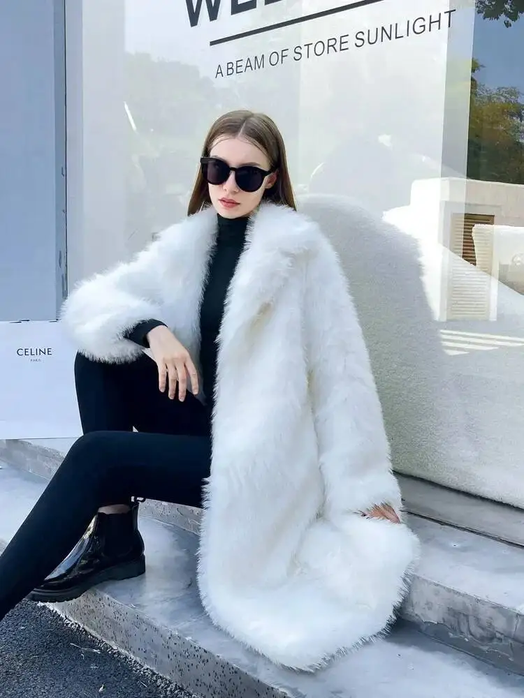 

2025 Winter Fluffy Women Solid Lapel Long Faux Fox Fur Coat Ladies Furry Warm Pink White Jacket Trench Coats Tops